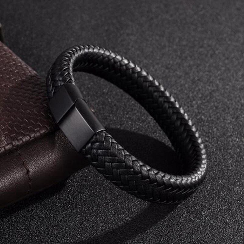 2022 Hot BraceletMen's Punk Black / Brown Braided Stainless Steel Leather Bracelets Magnetic Bracelet 18.5 / 22 / 20.5cm