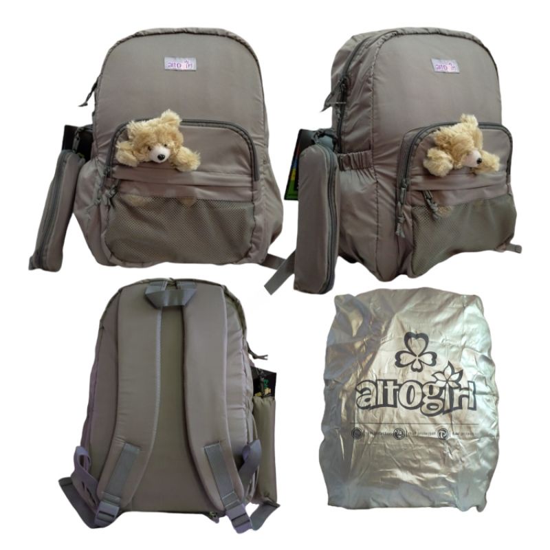 Tas ransel korea backpack anak perempuan boneka bear jaring alto girl original free rain cover  dan dompet pensil