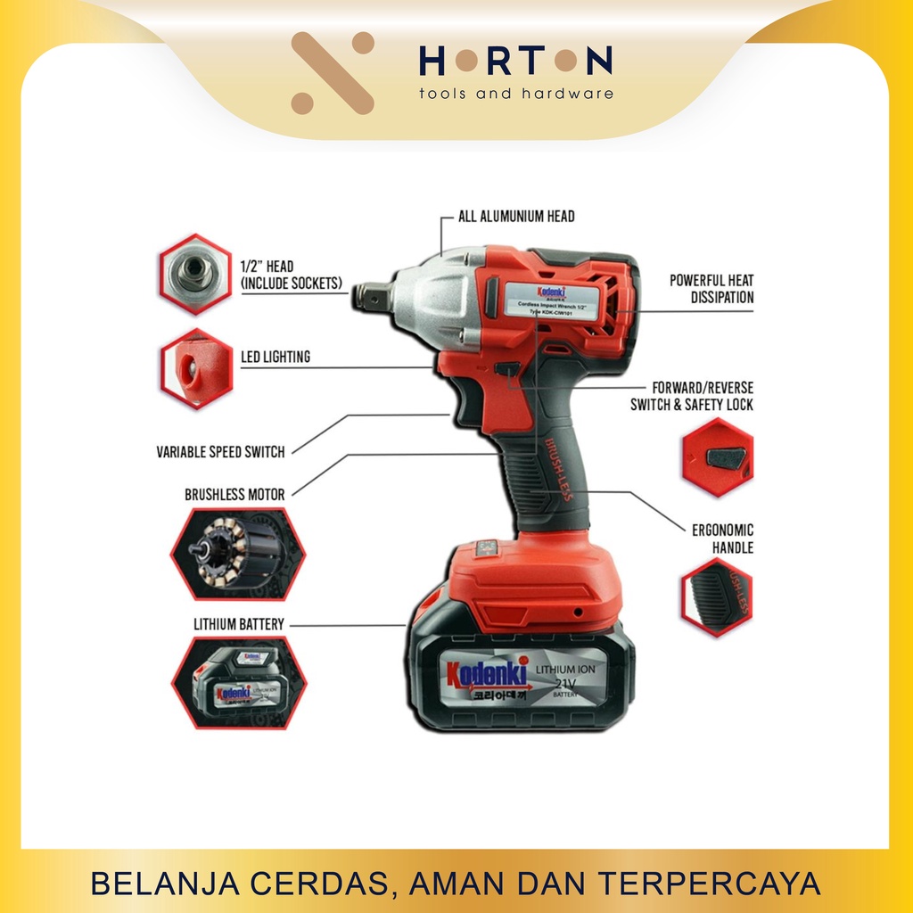 KODENKI CORDLESS IMPACT WRENCH BRUSHLESS 21V BOR BATERAI CHARGER 1/2"