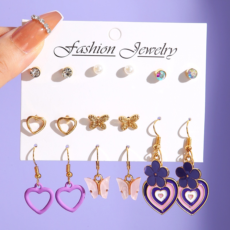 AY(CN) Set Anting Stud Kristal Mutiara Kupu-Kupu Warna-Warni Untuk Wanita