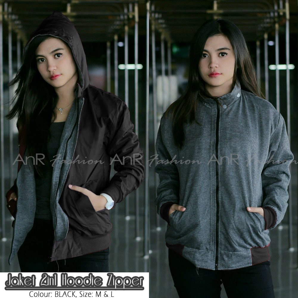 Jaket Bolak Balik 2in1 Bomber Parasut Fleece Hoodie Wanita Murah Kualita- Hitam/Navy/Maroon/Army/Abu