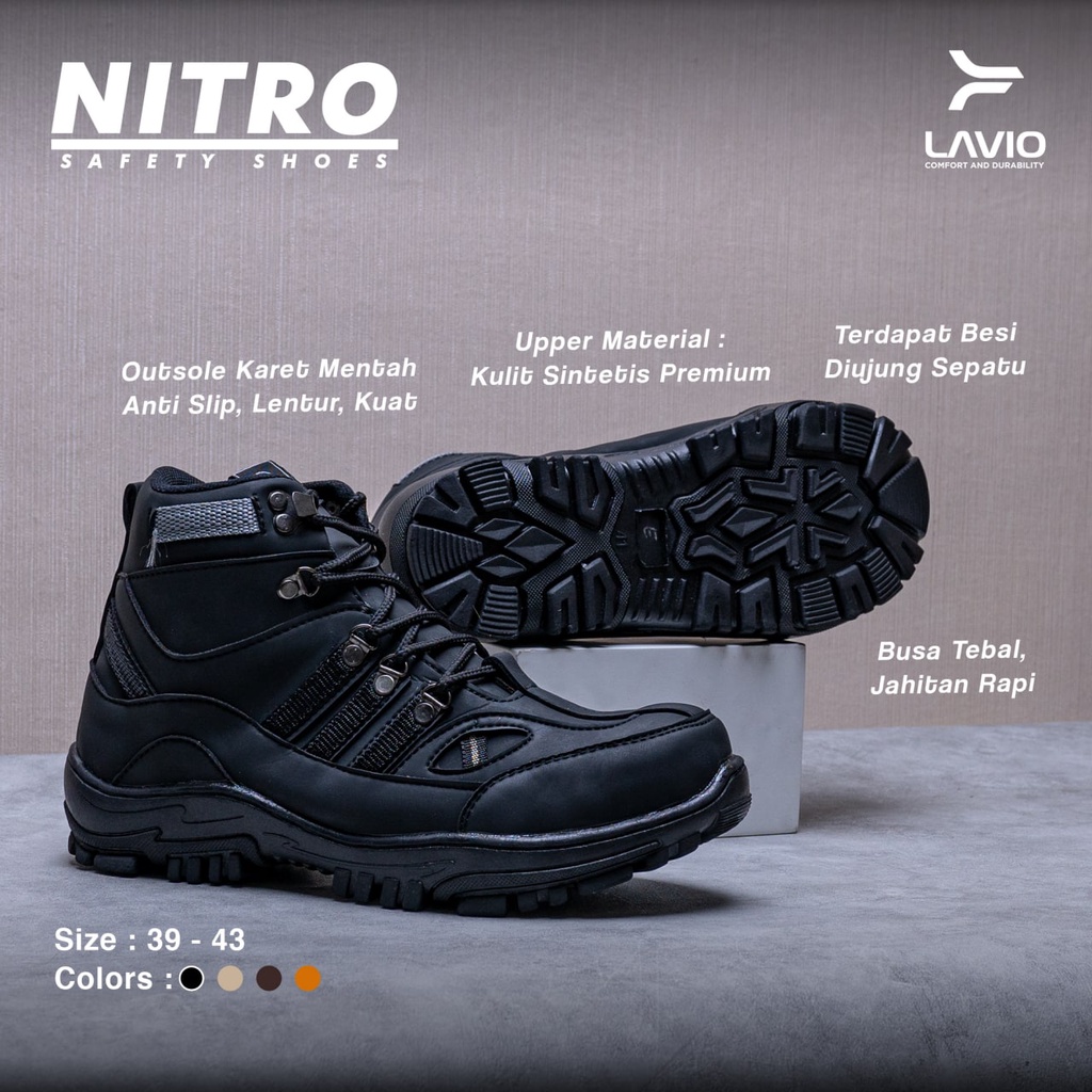 Sepatu Safety Boot Tinggi Pria Lavio Nitro High dengan Ujung Besi Sefty Cowok Bahan Karet Mentah Anti Slip Outdoor Kerja Lapangan Proyek