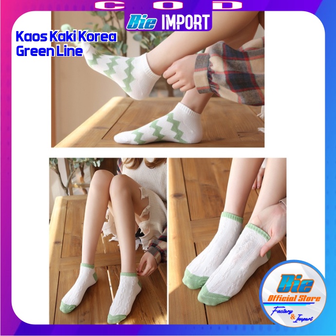 Kaos Kaki Korea Wanita Motif Green Line Impor Best Seller