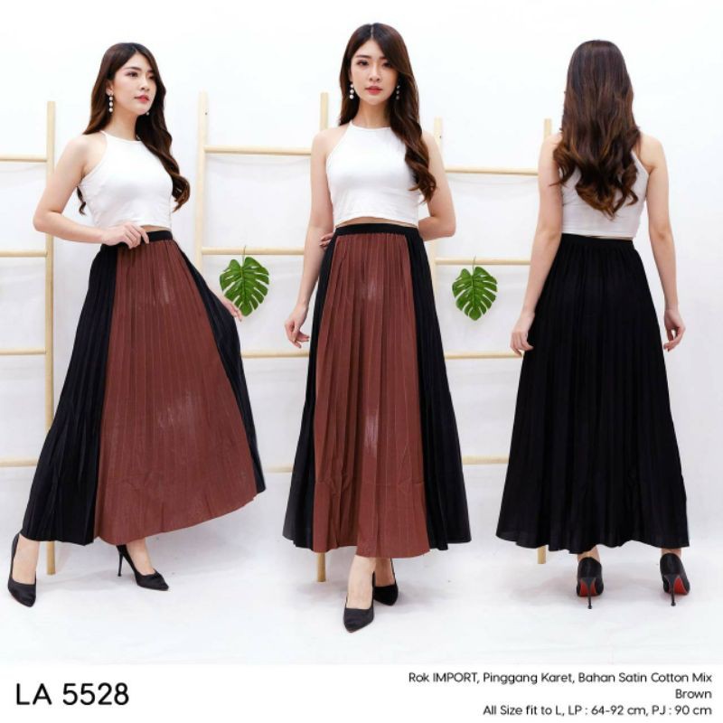 COD  ALL SIZE /ROK PLISKET IMPORT KOMBINASI 2 WARNA PINGGANG KARET BROWN BEST SELLER
