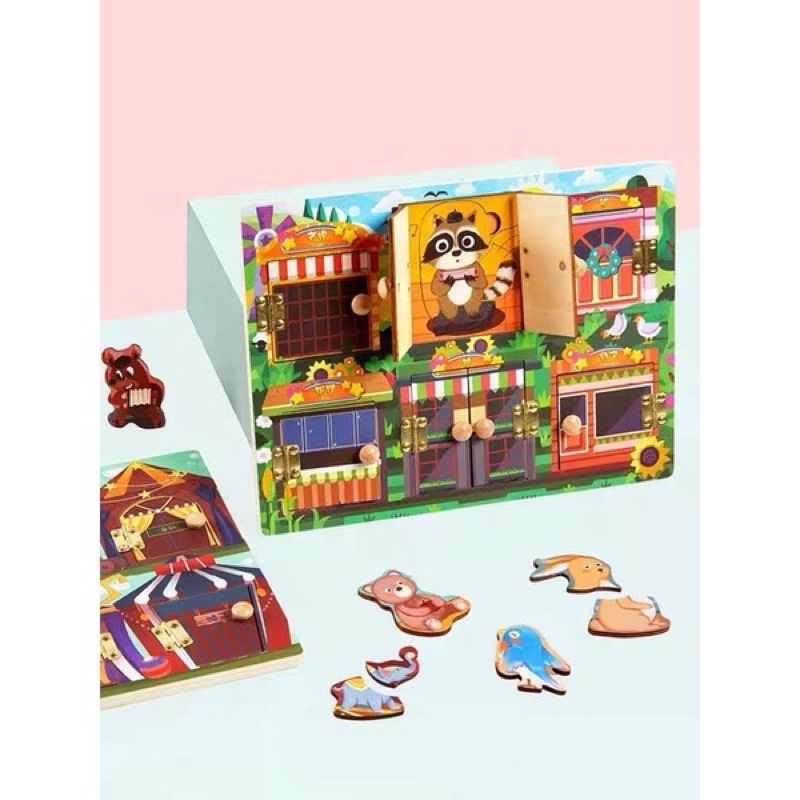 wooden chunky puzzle with door jingsaw kayu mainan edukasi anak