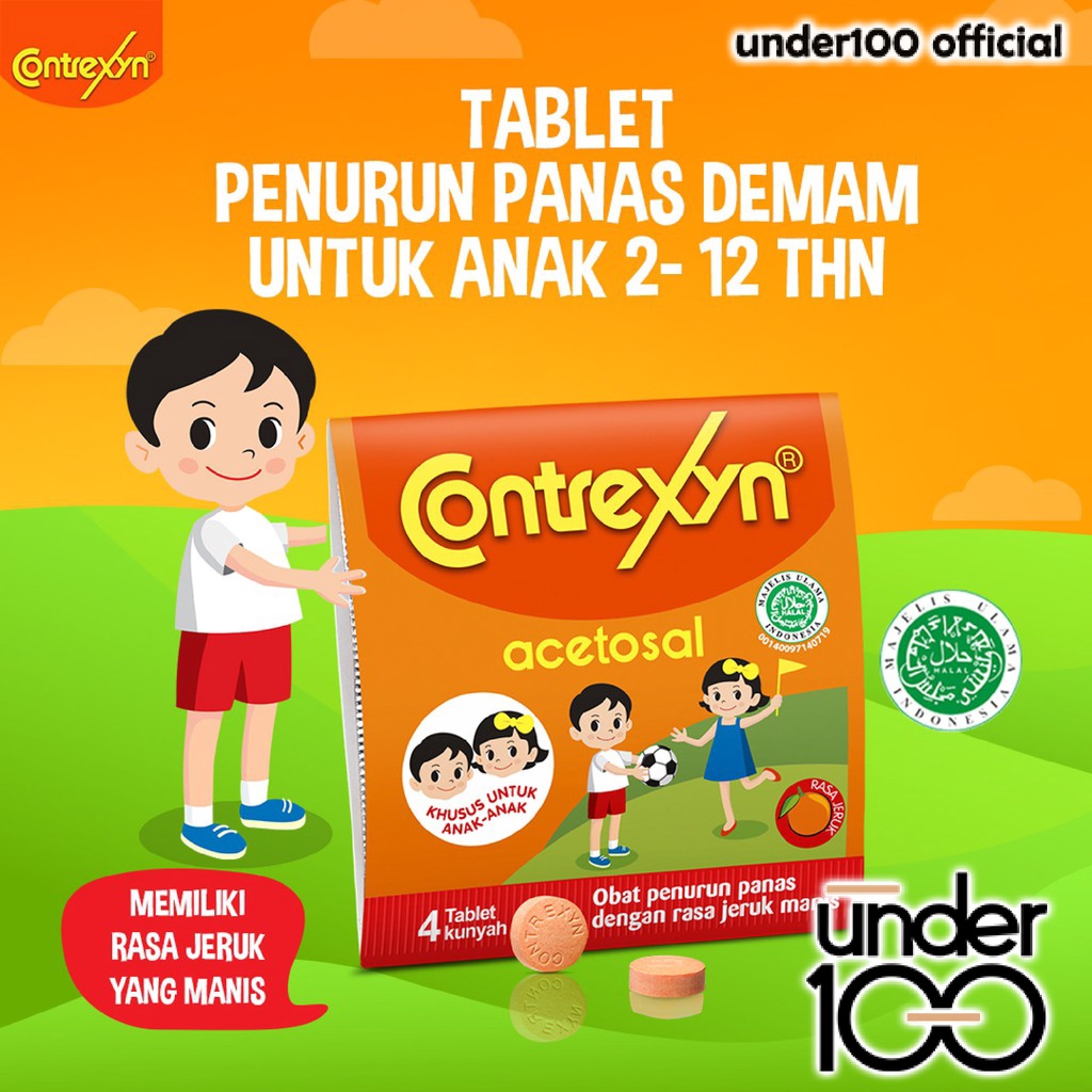 ❤ UNDER100 ❤ Contrexyn Tablet Per Strip isi 4 Rasa Jeruk Panas Demam anak | BPOM