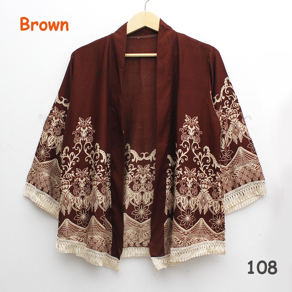 𝑱𝒂𝒌𝒂𝒓𝒕𝒂𝑭𝒂𝒔𝒉𝒊𝒐𝒏 BISA COD kardigan kimono rumbai katun etnik motif batik bohemian cardigan rumbai-brown