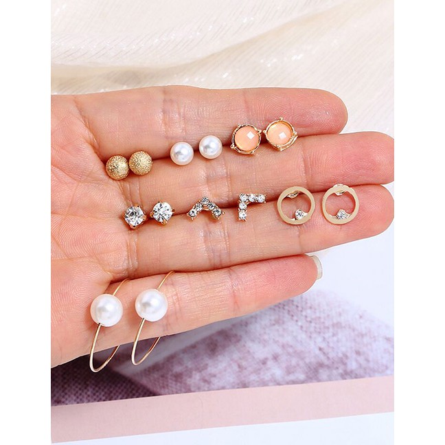 LRC Anting Set Fashion Gold Color Round Shape Decorated f13212x (7pairs)