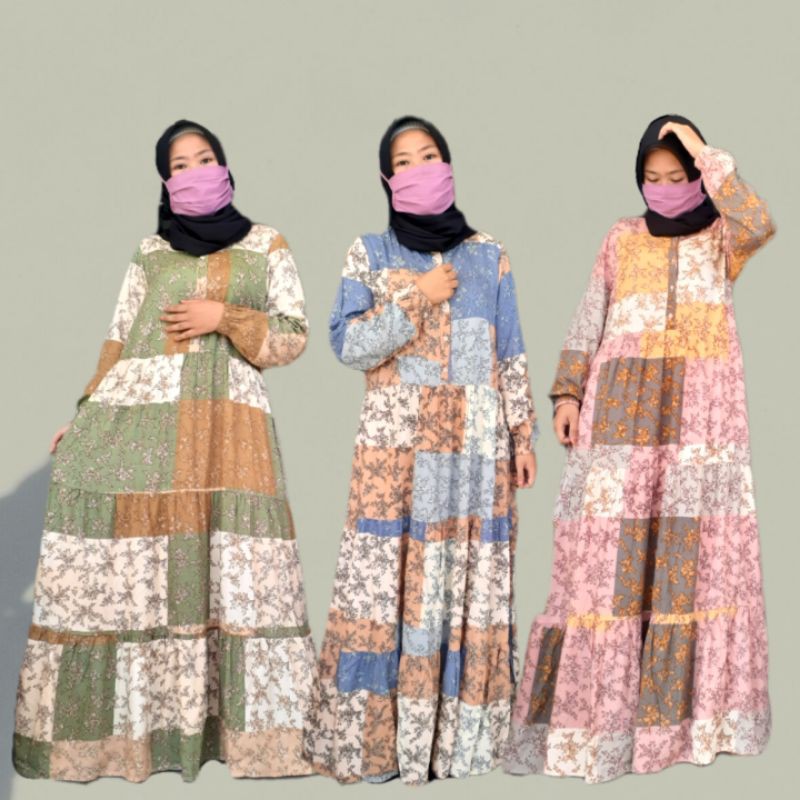 Gamis Dewasa-Homey Dress Motif Daun-Homey dress Chayra-Bahan Katun Rayon Premium-Gamis syari