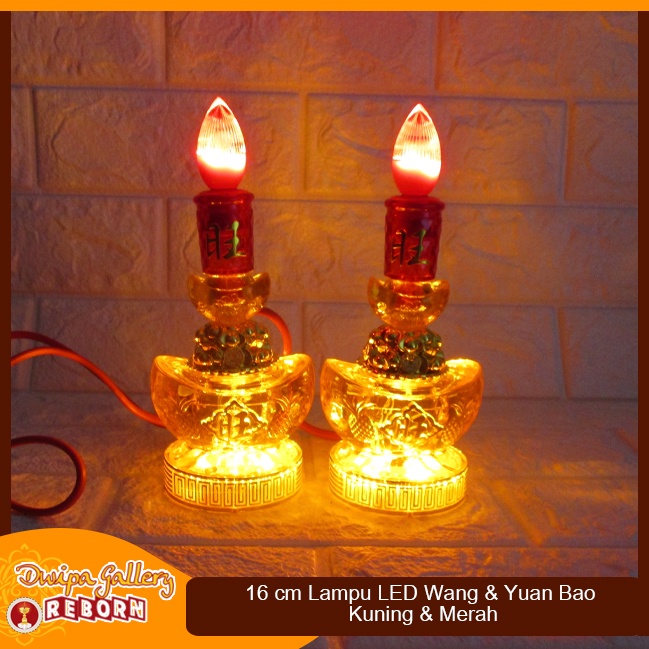 Lampu Sembahyang Altar Merah LED Wang &amp; Yuan Bao kuning 16 cm