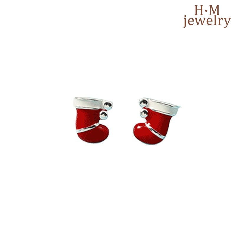 Anting Tusuk Sterling Silver 925 Desain Kaos Kaki Natal Warna Merah Untuk Wanita