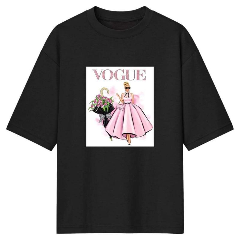 KAOS LENGAN PENDEK KEREN GAMBAR CEWEK TULISAN VOGUE PAKE ROK PINK