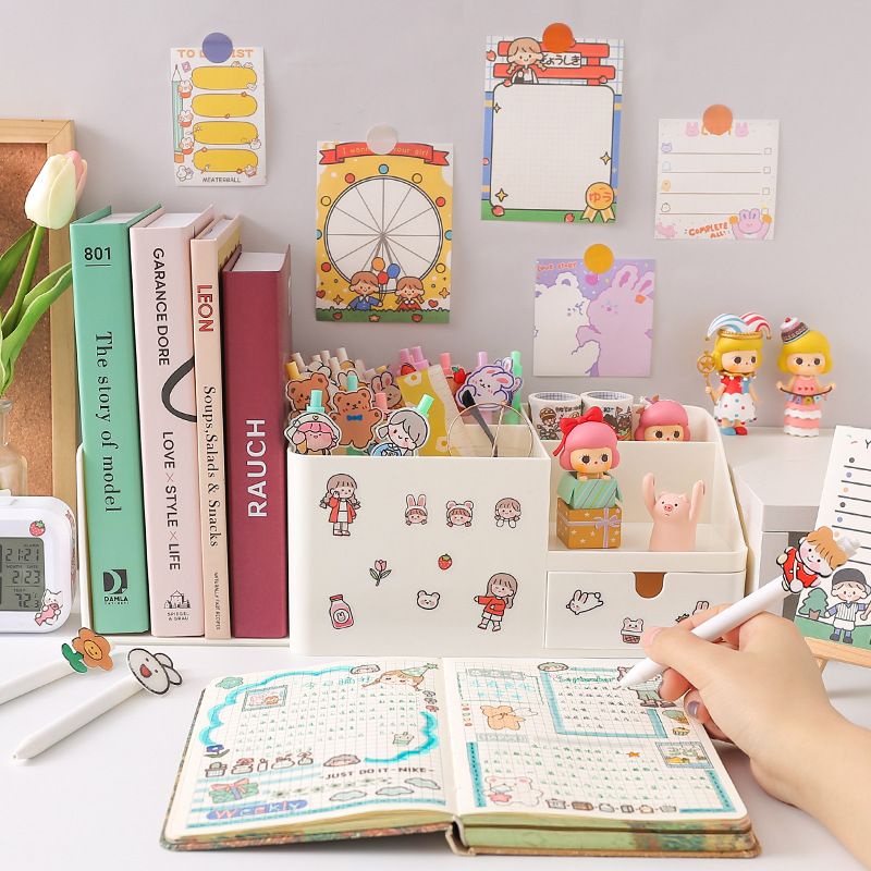 [littlecrab] Tempat Pena With Additional Rak Buku Aesthetic Room Desk Organizer Dengan Laci 5 Sekat Tempat Penyimpanan Pena Buku Stationary Kit Lengkap Adjustable