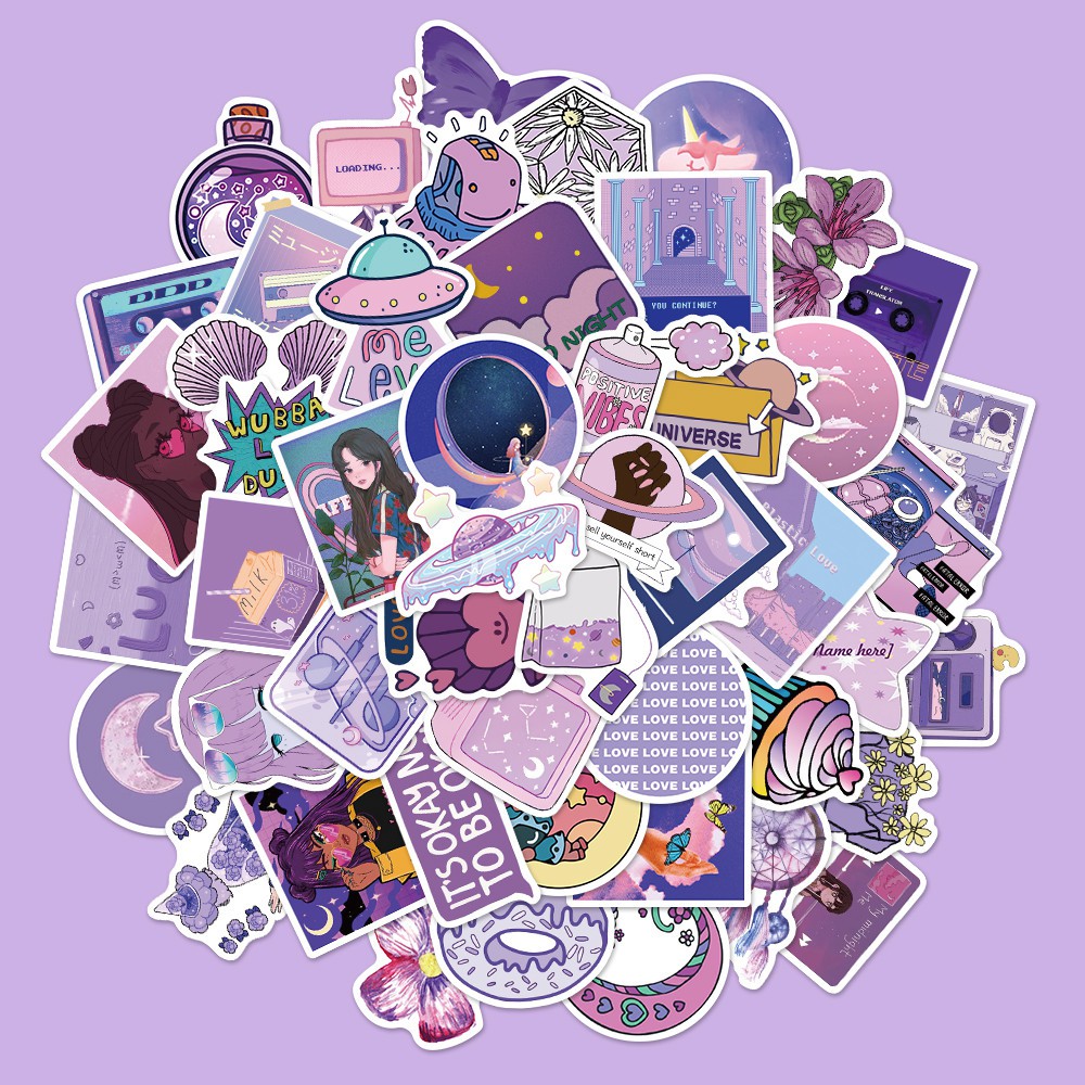 【COD Tangding】50pcs/set Purple Cute Girl Cartoon Hand Account Stickers INS Laptop Suitcase Waterproof Stickers