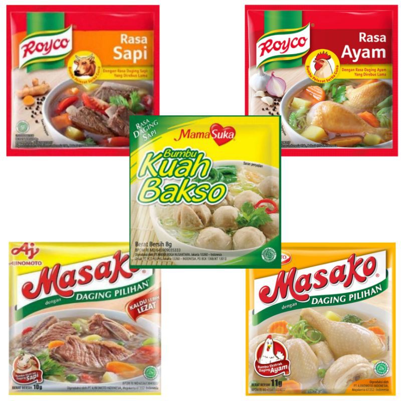 

Royco Sapi/Ayam, Masako Sapi/Ayam, Mamasuka Kuah Bakso