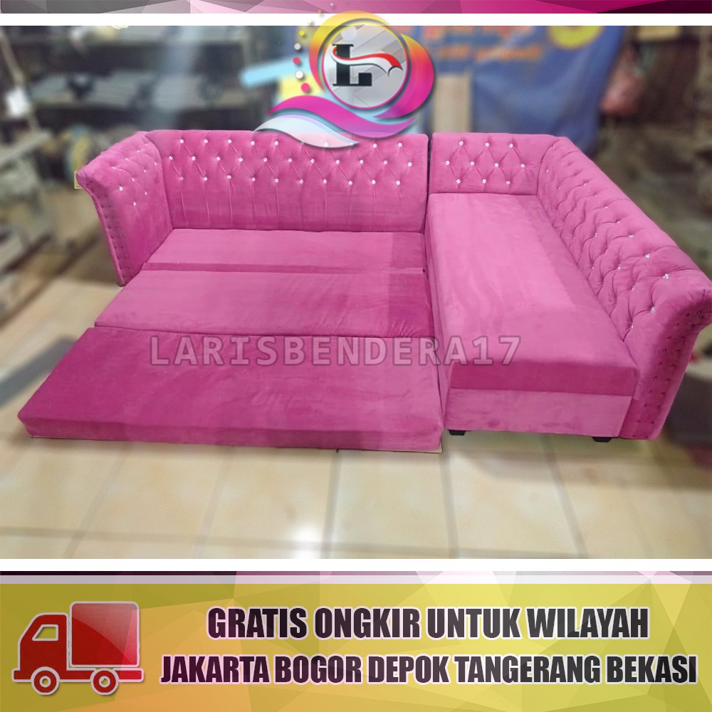 Sofa L Bed Kancing Diamond - Premium Elegan - Lengkapi Ruang Tamu Anda | Pink Bludru