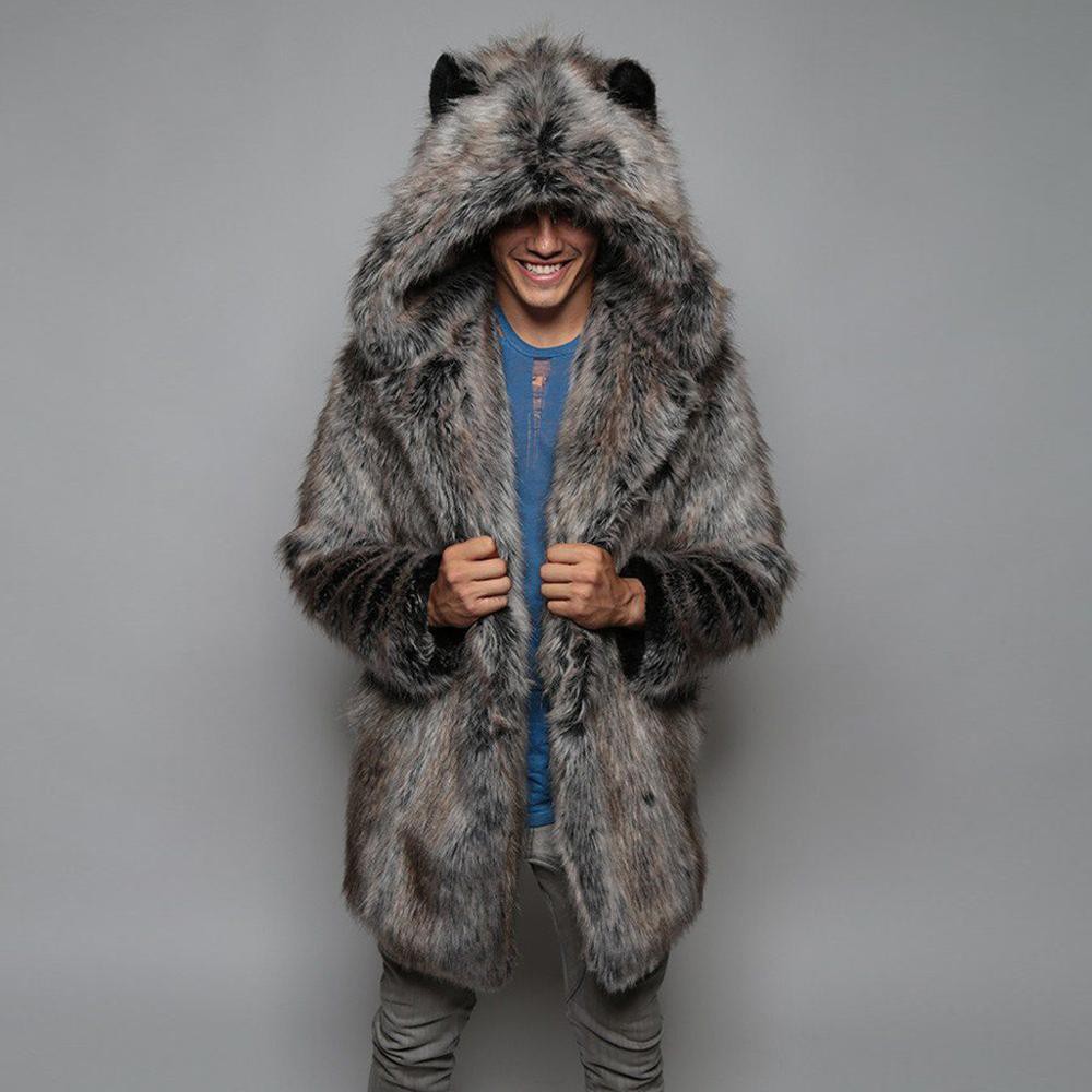 GROSIR Fur Parka Oversized Men Fur Overcoat Warm Faux Fur Fashion Mens Warm Leopard Thick Hooded