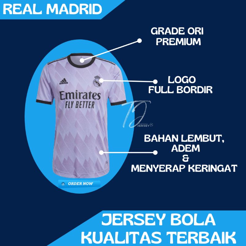 Jersey Real Madrid Away 2022 2023 Baju Sepak Bola Grade Ori Big Size Jumbo