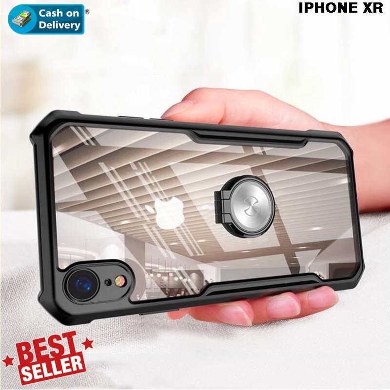 Case iPhone XR clear Hardcase hard casing cover anti shock crack with stand ring magnet transparan