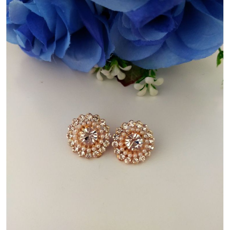 Anting jepit kristal zircon mutiara bundar kecil