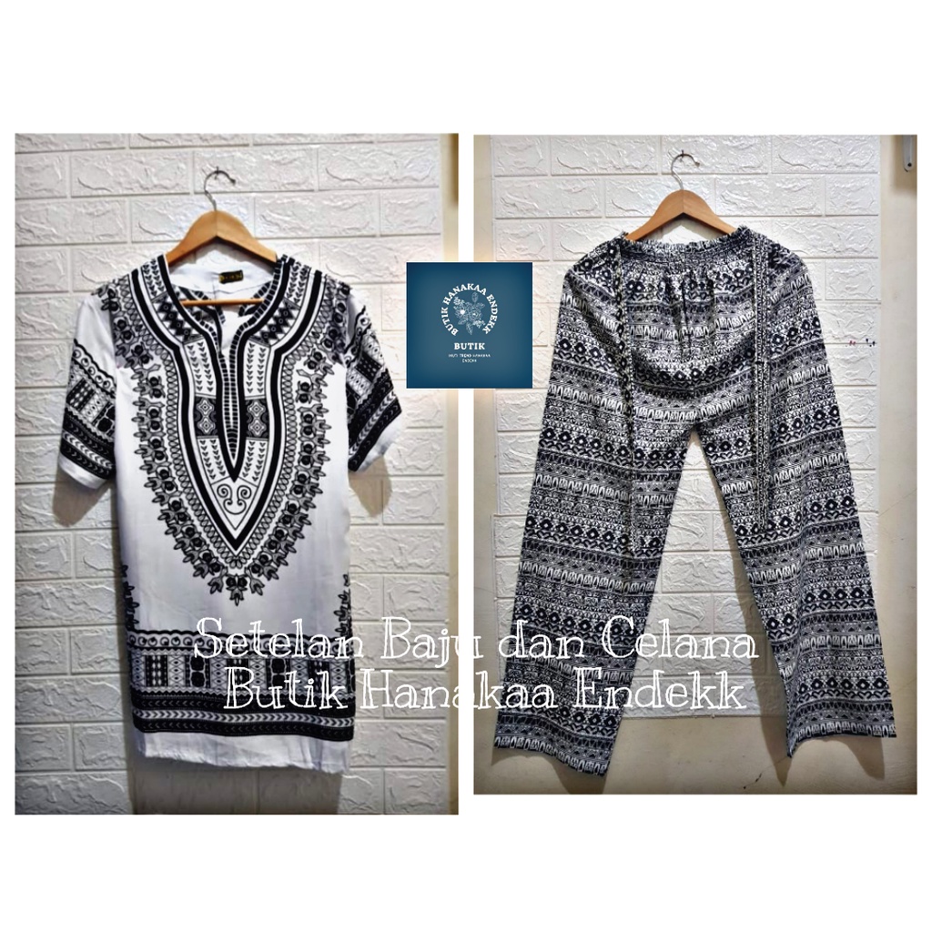 Set/Setelan Baju dan Celana Etnik Dashiki Putih Polos Pria/Wanita (Unisex)