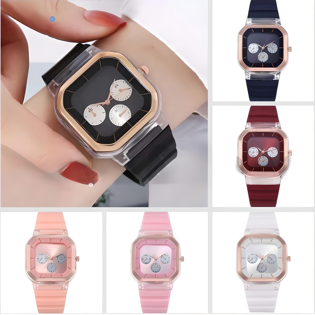 ✅Grosir Jam Senen - Jam Tangan Rubber Wanita Dial Kotak Analog Korean Style Fashion