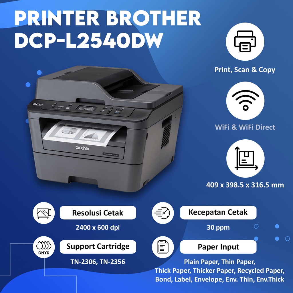 Printer Laser Brother DCP-L2540DW L2540dw WiFi Mono Laserjet Print Scan Copy Duplex TN2356 DR2306 Original