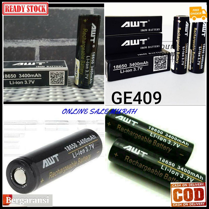 G409 Awt baterai 3.7V volt 18650 battery batere cas casan charger charging Rechargeable Lithium batu baterry universal multi elektonik batery flat rata multi universal pb senter radio mic  Harga SATUAN BKN SEPASANG  Dimensi baterai panjang 6,4cm x 1,8cm