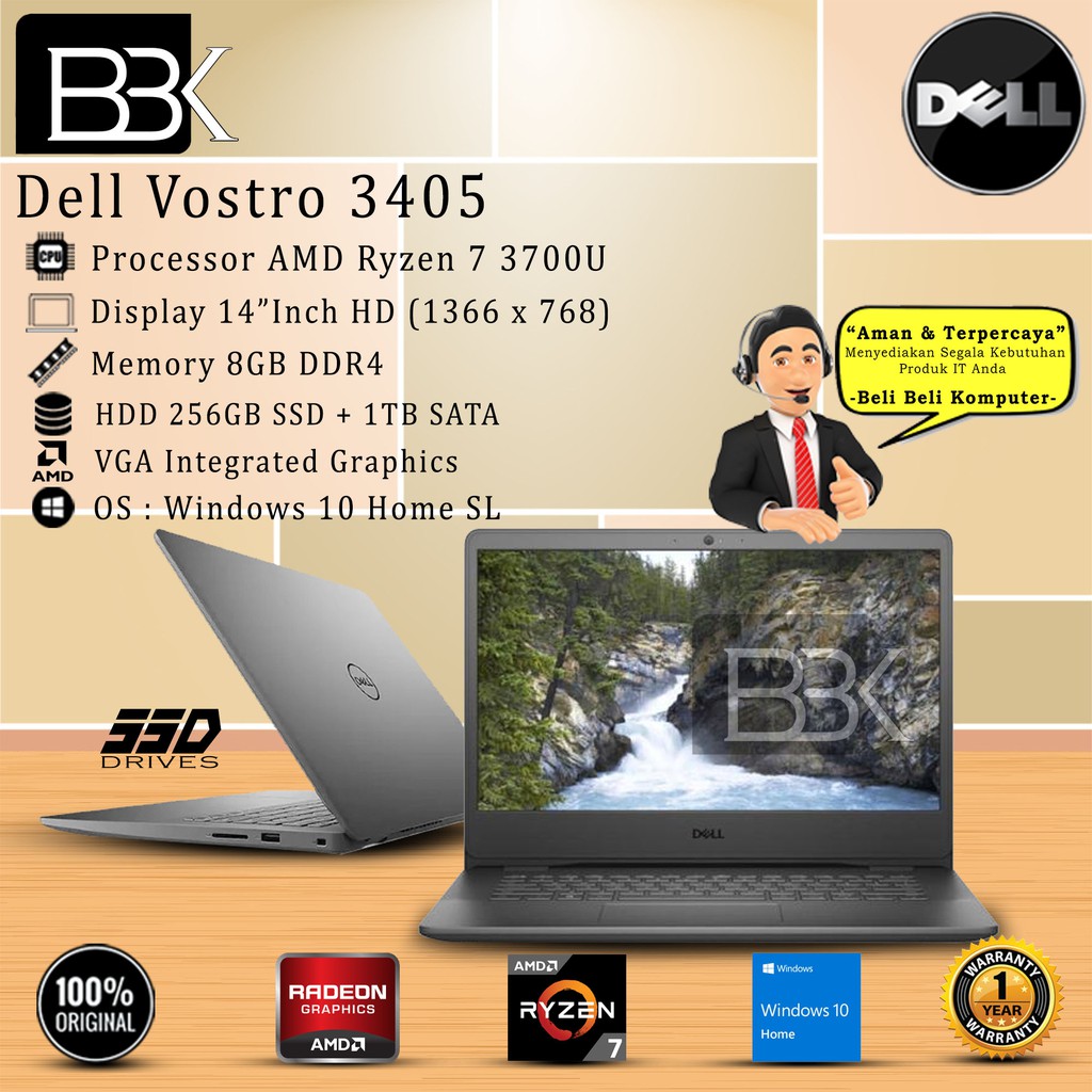 DELL Vostro 3405 14" AMD RYZEN 7 3700U 8GB 256GB SSD+1TB W10H+OHS 1YR