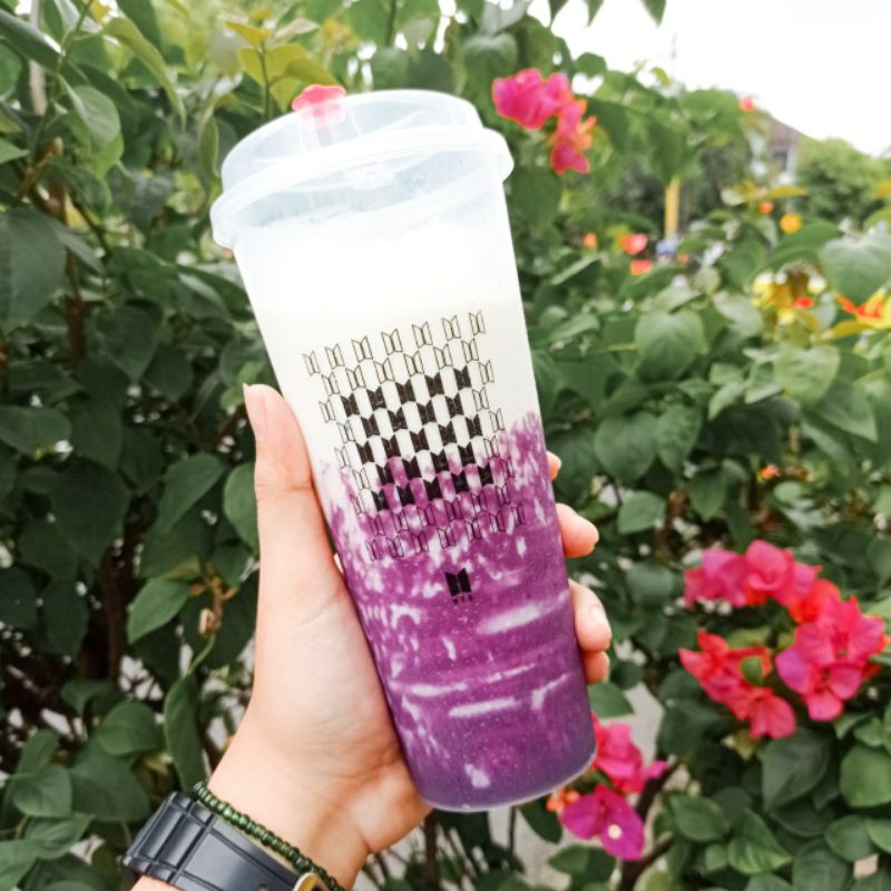 Tempat Minum Kpop Reuseable Cup 2 Sisi / Sablon + Stainless Straw / Sedotan BTS