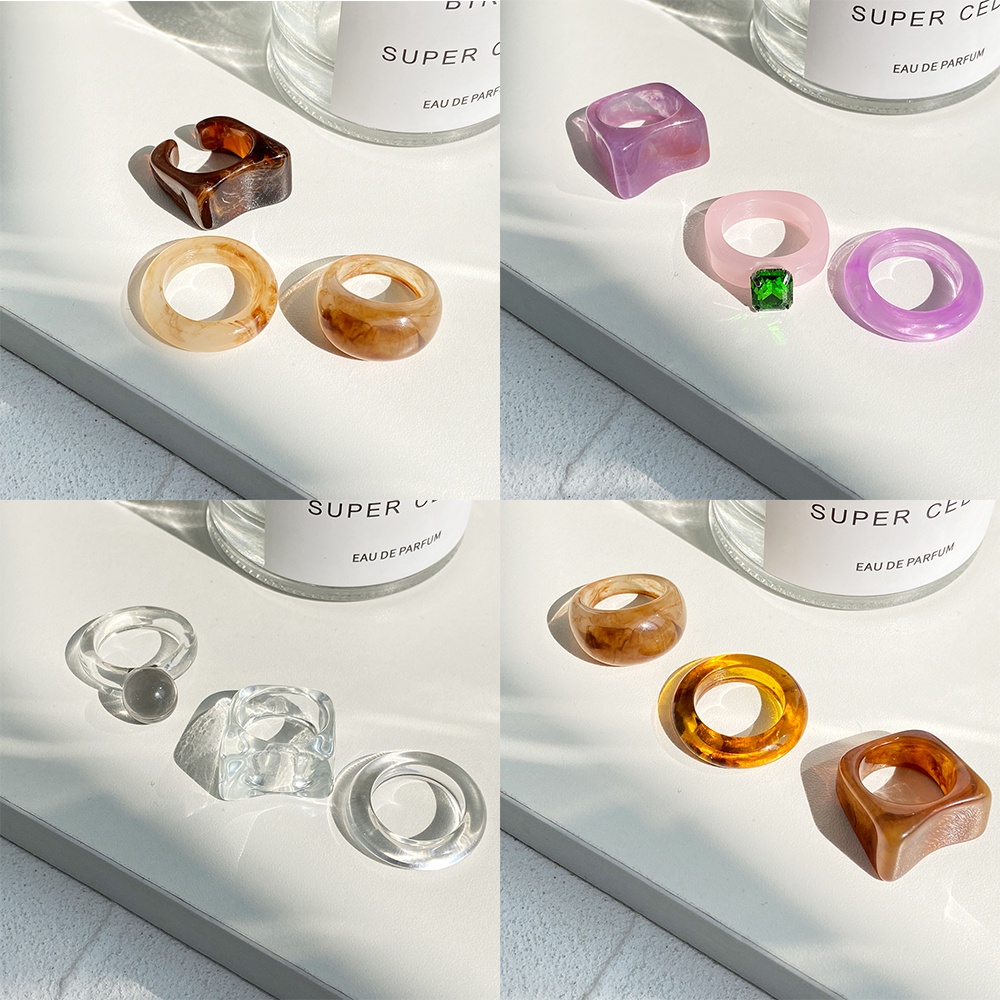 Cincin set 3Pcs / Set Cincin Resin Akrilik Transparan Tidak Teratur Warna-Warni Untuk Wanita Dalika