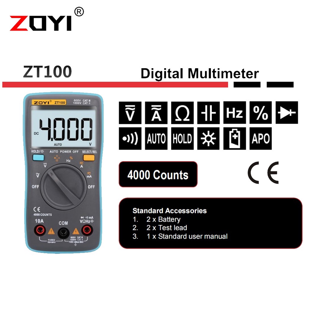 Zoyi ZT100 Digital Multimeter 4000 Counts Back Light AC DC Capacitance