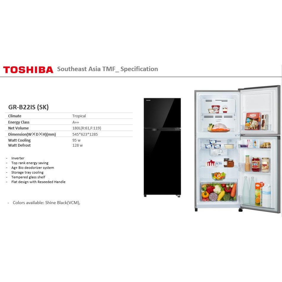 TOSHIBA GR-B 22 IS SK BLACK - LEMARI ES 2 PINTU 180 L INVERTER / GRB22ISSK