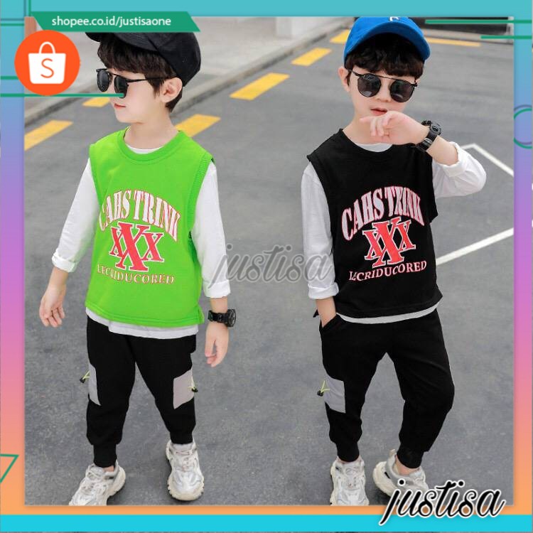 Promo !! setelan anak laki murah LS setelan 3in1 record three cross kid import sz uk 3th (hitam dan hijau)