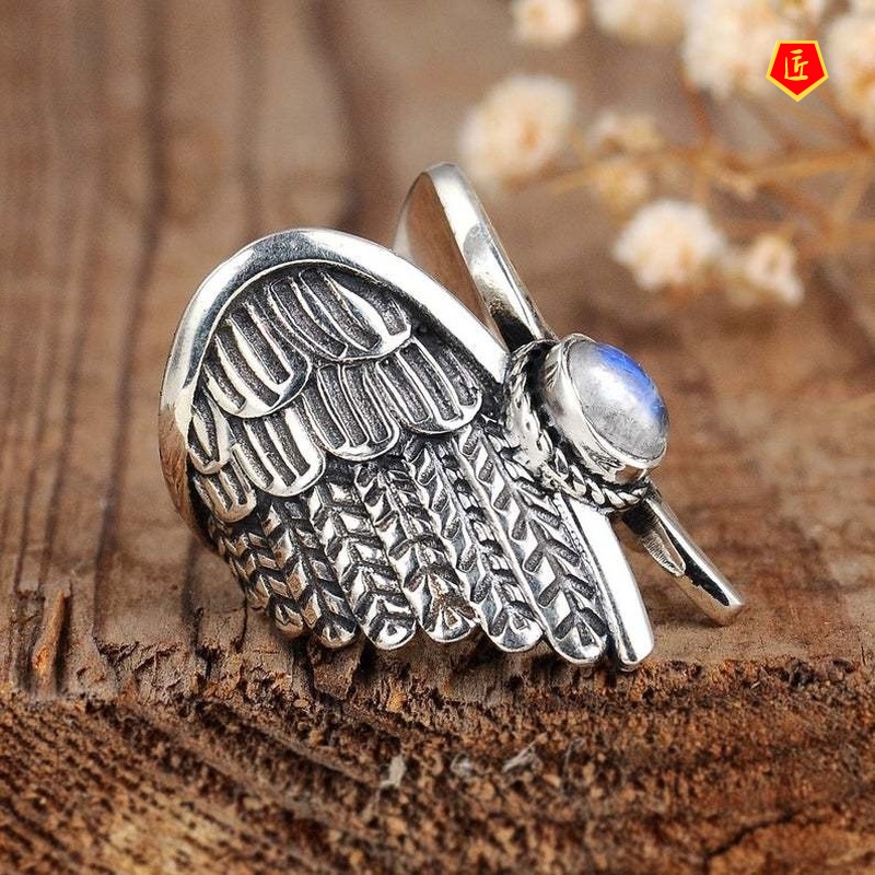 [Ready Stock]Retro Personalized Angel Wings Moonstone Ring