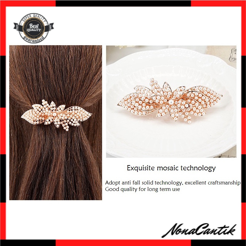 Jepit Rambut Otomatis 9cm Mutiara Warna Emas Jedai Besi Elegan Wanita Dewasa Gold Alloy Pearl Barrette Hair Clip