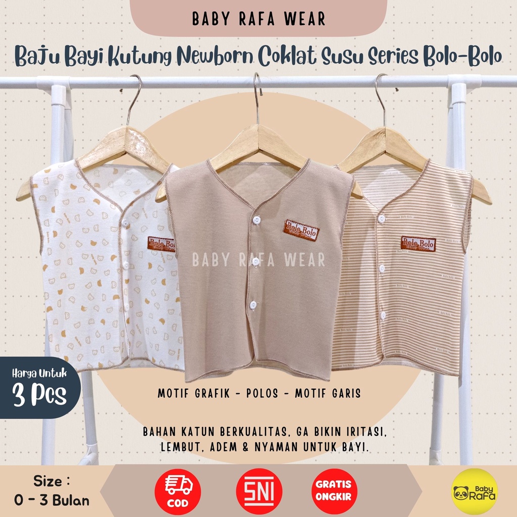 Serian Coklat Susu - 3 pcs Baju Bayi Kutung Baru Lahir 0 sd 3 Bulan Serian Coklat Susu merk SNI Bolo - Bolo