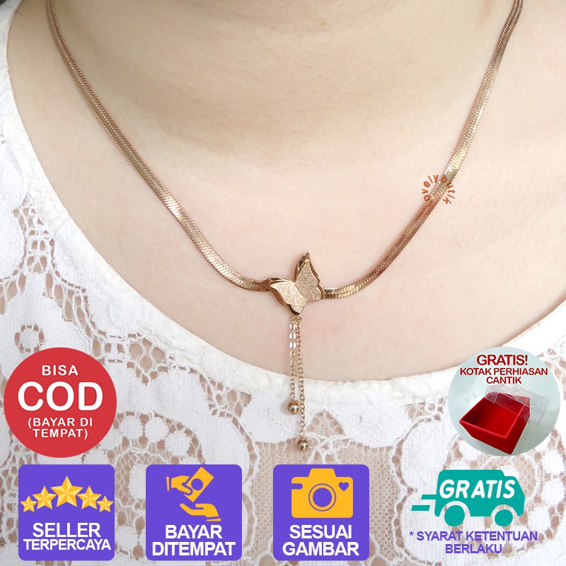 Lovelybutik-Kalung Titanium Kupu-kupu Anti Karat J3slyn Kalung Kupu2 Butterfly Bonus Kotak Perhiasan