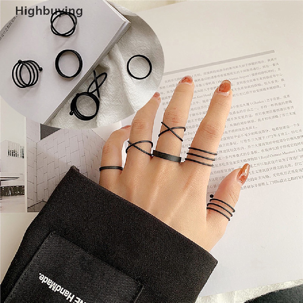 Hbid 3 / 6pcs / Set Cincin Vintage Punk Bentuk Geometri Warna Hitam Metalik Untuk Wanita