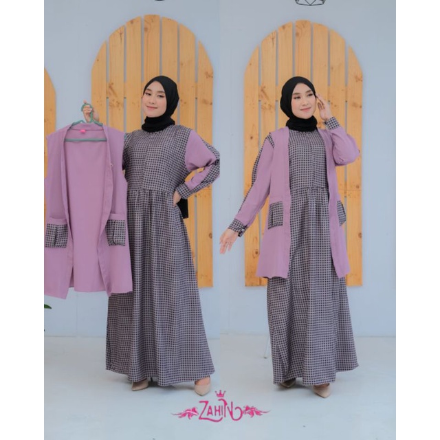 Gamis Outer Model Terbaru Motif Kotak-kotak Gamis Set Long Outer Remaja Kekinian Pakaian Wanita Musl