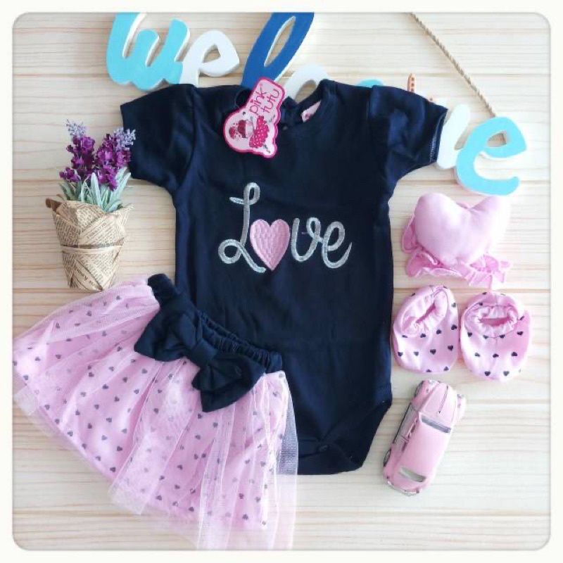 Baju Bayi perempuan setelan jumper 0 6 bulan newborn baby girl rok tutu bando lucu