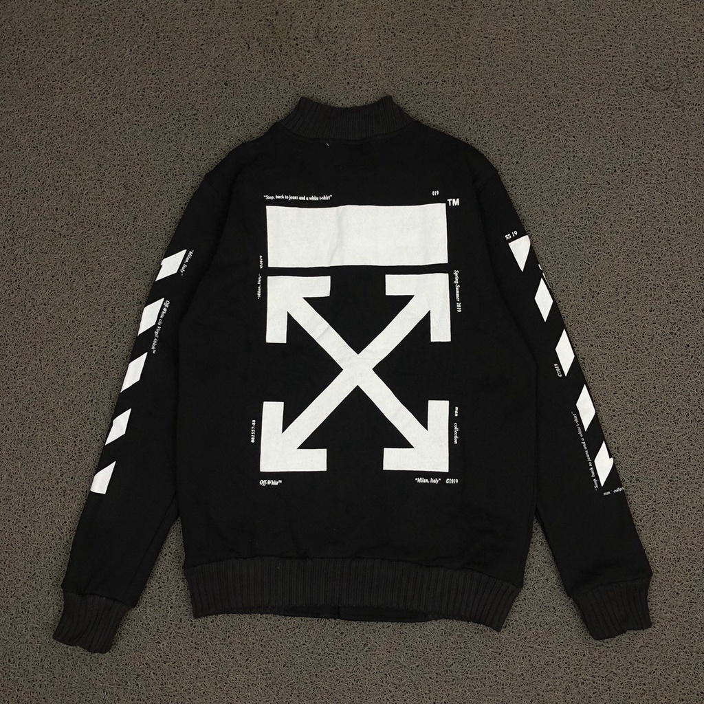 JAKET BOMBER VARSITY OFF WHITE BACK TO JEANS HITAM PREMIUM AUTHENTIC BESTSELLER