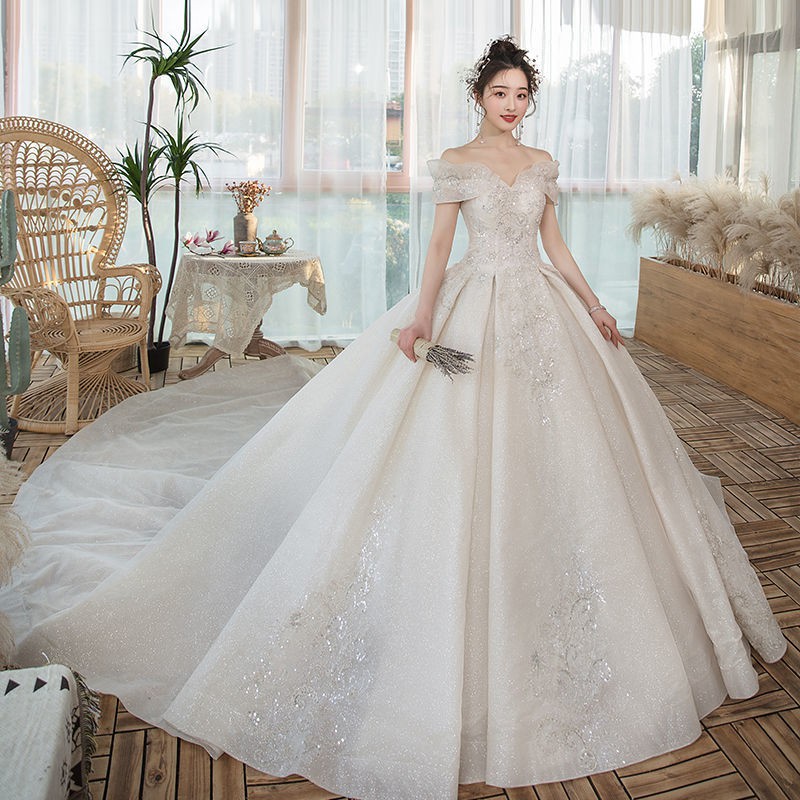 Putih Sabrina Gaun Pengantin Wanita White Long Tail Bridal Wedding Dress Bright Sequin Lace Beaded Wedding Gown Gaun Pengantin Wanita Ekor Panjang