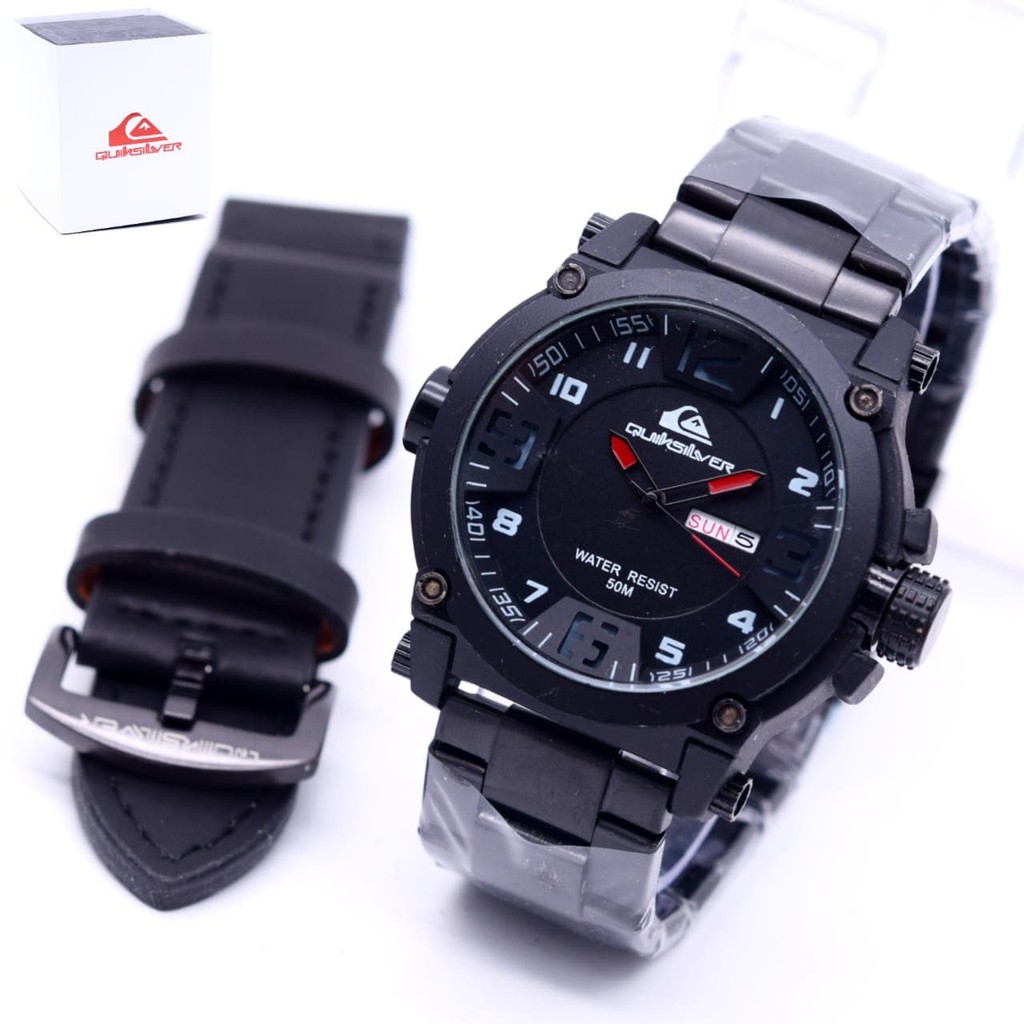 Babruysk Siguiri Jam Tangan Pria Qu1ks1lv3r Paket Rantai Black Red, Leather Black