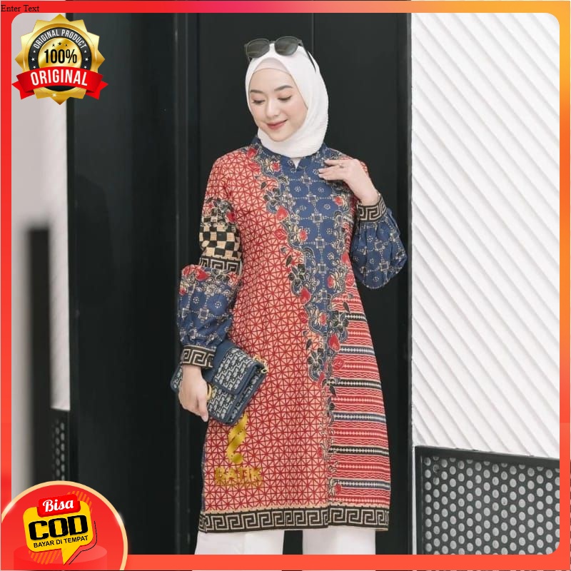 TUNIK ANJAR NAVY ATASAN BATIK WANITA LENGAN PANJANG KATUN PRINTING BATIK PRABUSENO ORIGINAL