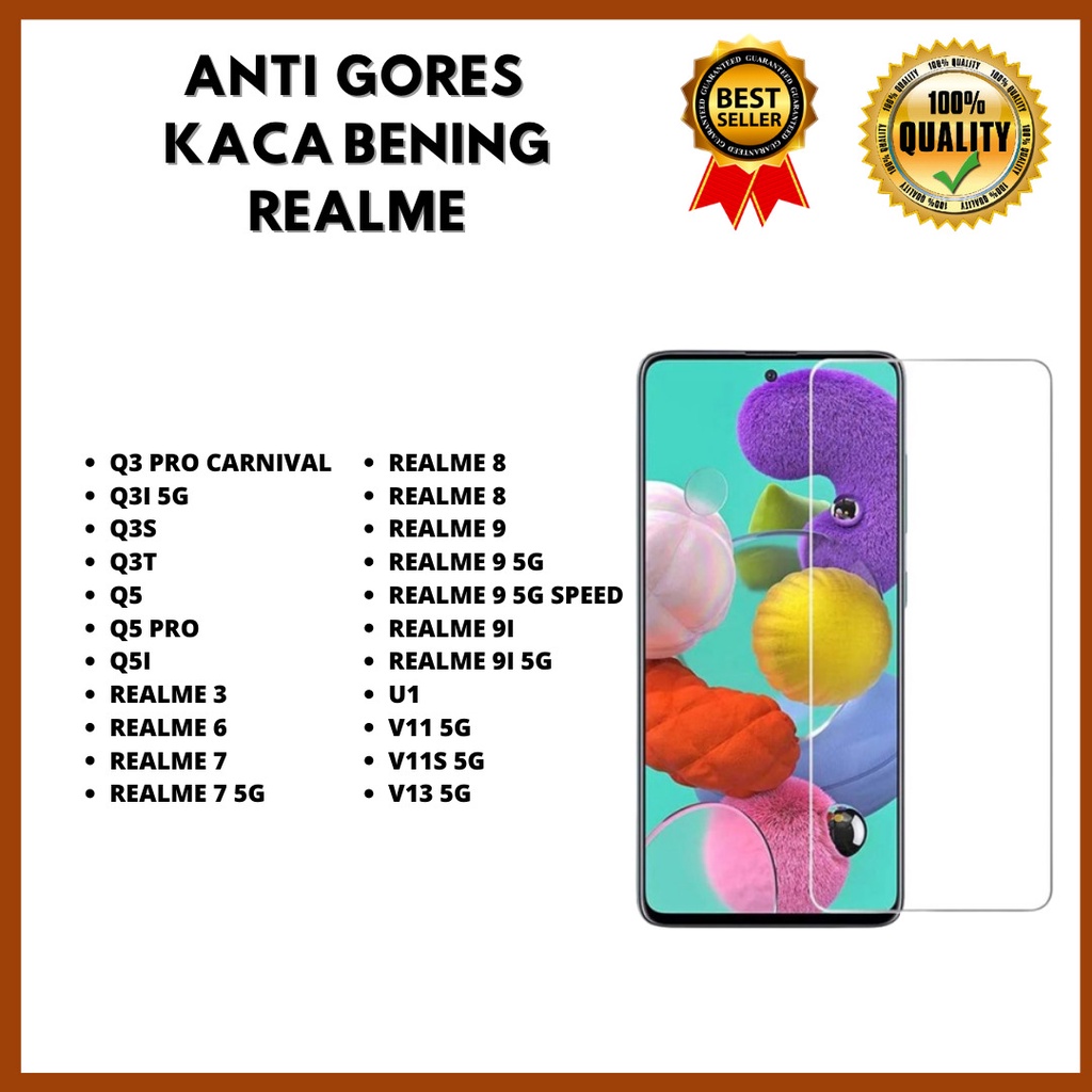 &lt; TEMPERED GLASS KACA BENING &gt;Q3 PRO CARNIVAL-Q3I 5G-Q3S-Q3T-Q5-Q5 PRO-Q5I-REALME 3-REALME 6-REALME 7-7 5G-REALME 8-REALME 9-9 5G-9 5G SPEED-REALME 9I-9I 5G-U1-V11 5G-V11S 5G-V13 5G (HOKKY ACC)