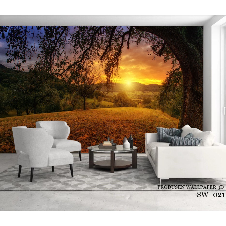 PERCETAKAN Wallpaper Dinding Ruang Tamu 3d Pemandangan  Senja Sawah Perdesaan