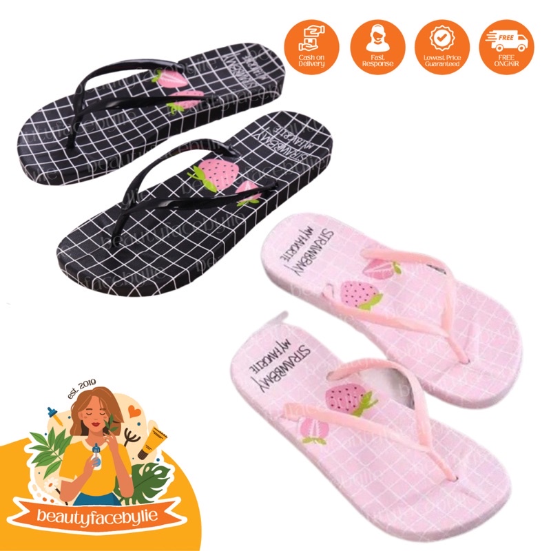 Sandal Jepit Wanita Spon Motif Strawberry