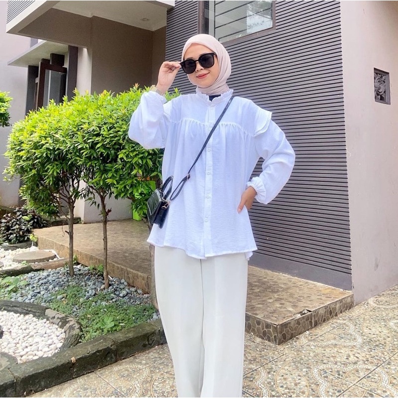 Puffy Crincle Blouse Wanita  / Blouse Salur Wanita / Blouse Kerja Wanita-KINAN WHITE