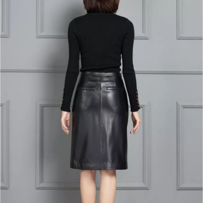 Rok Kulit Sintetis Leather Skirt PU Rok Midi Wanita Selutut Split Depan Full Resleting Model Rok Kerja Rok Wanita Kantoran